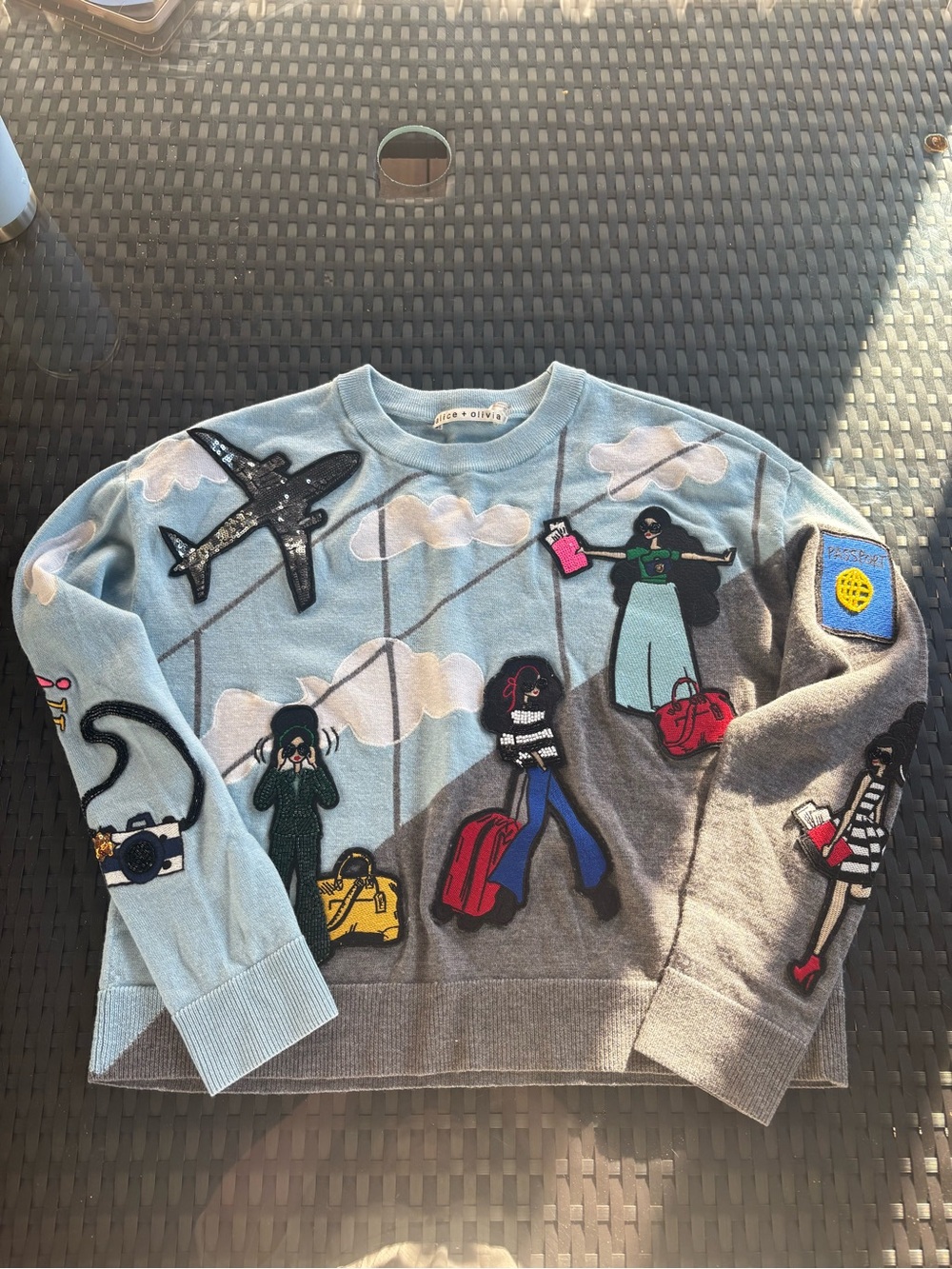 Alice + Olivia Light Blue and Gray Embroidered Travel Scene Sweater